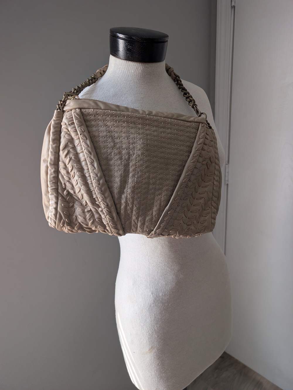 Neutral Quilted Shoulder Bag with Chain Strap
